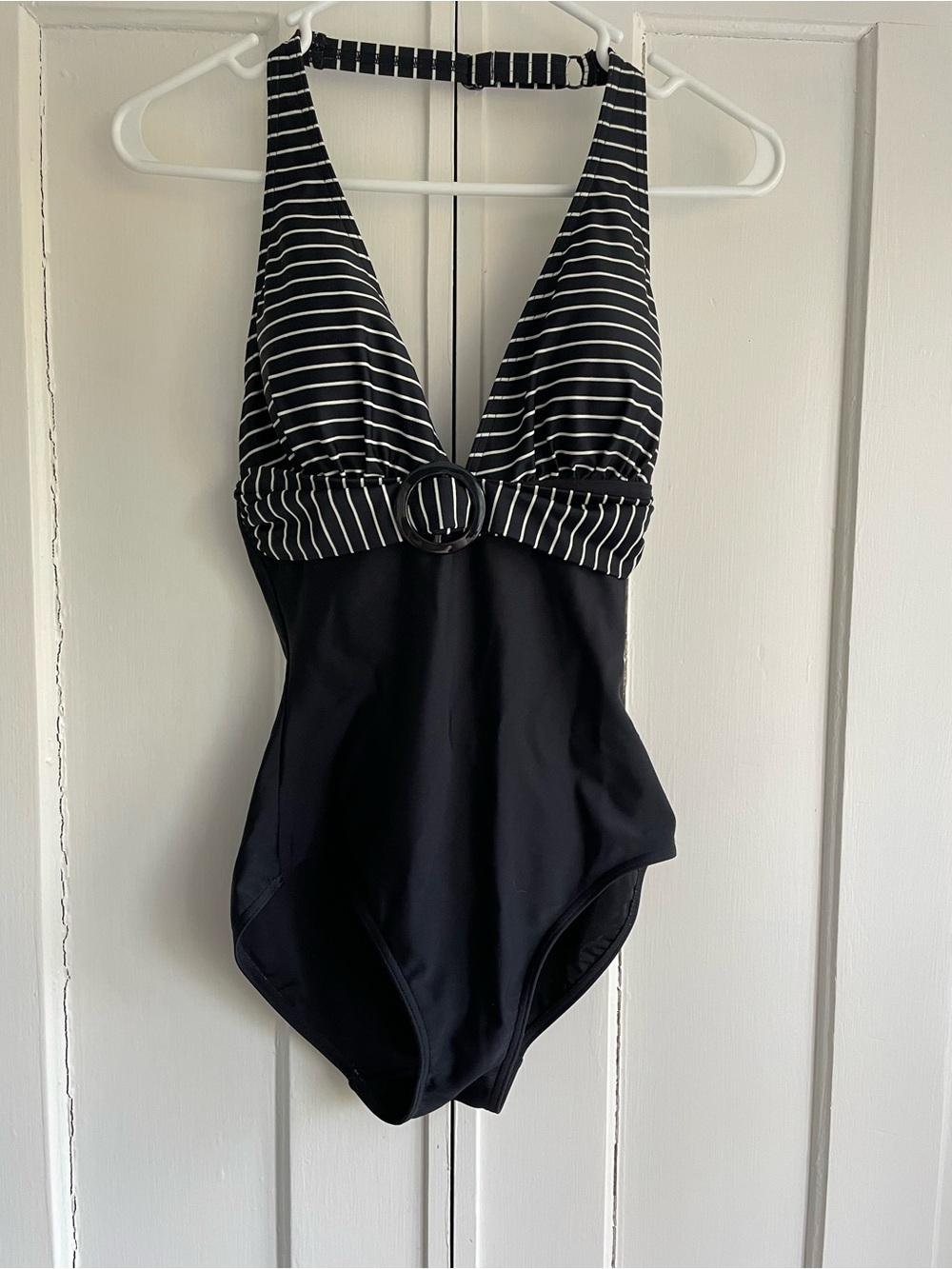 Figleaves Bathing Suit Size 10 Black Halter One-Piece Swimsuit with Striped Top